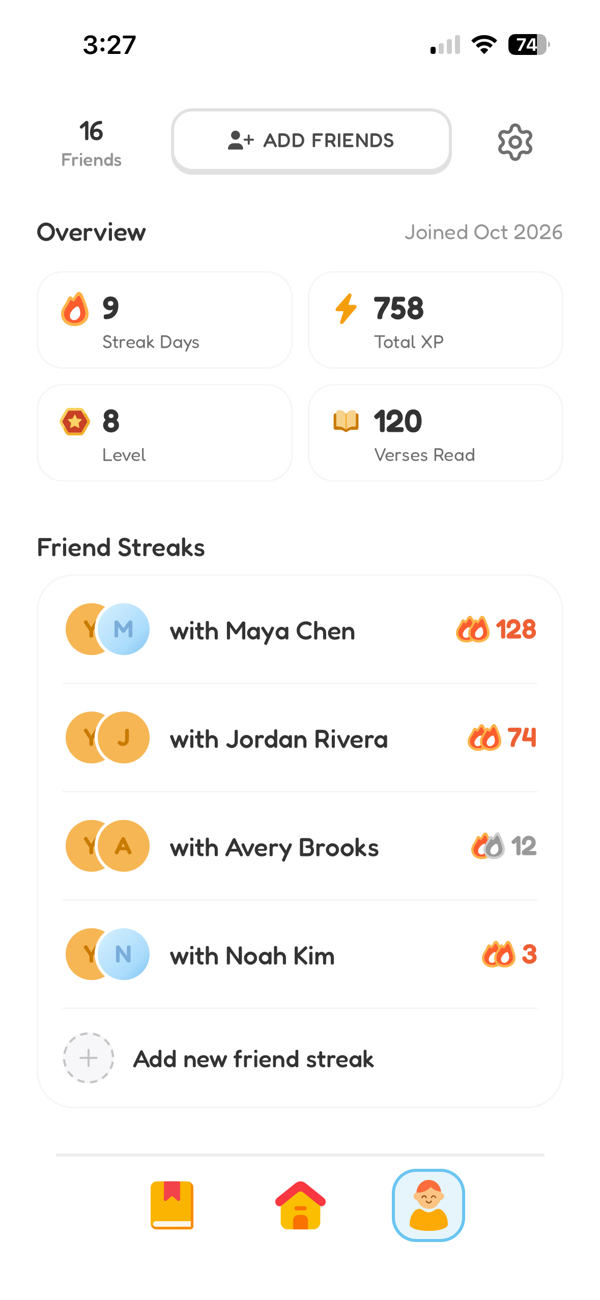 Tether app screen showing friend streaks