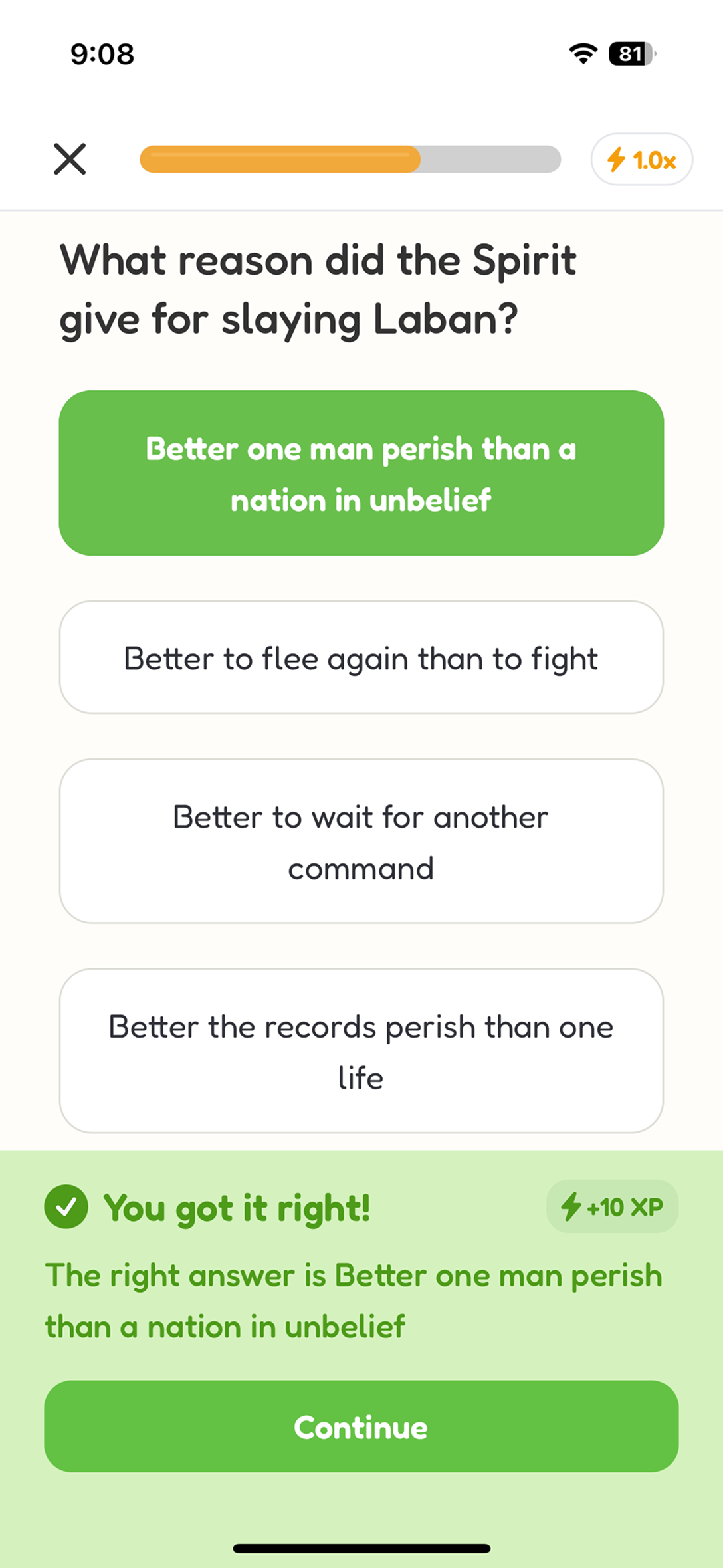 Tether app quiz screen with a scripture reading question