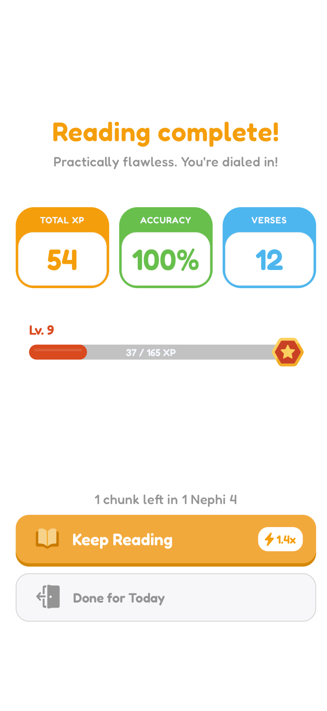 Tether app reading session completion screen